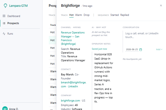 Lampara Prospects — a prospect's detail: the LinkedIn-jobs signal that surfaced it, the contact and company, why it's Hot, and the operator's qualifying notes.