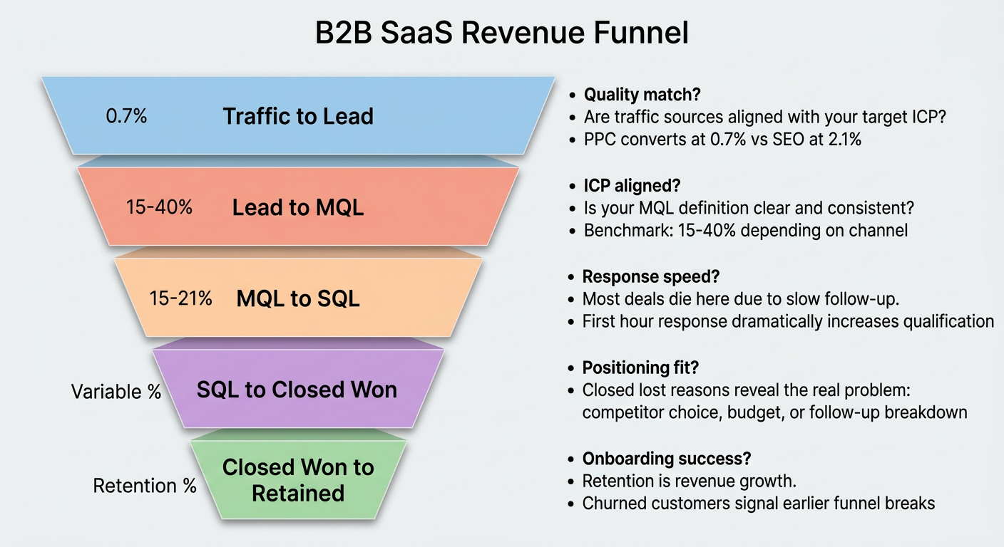 Where Revenue Leaks in a B2B SaaS Funnel — diagram showing five funnel layers from Traffic to Retained with common leak points at each stage